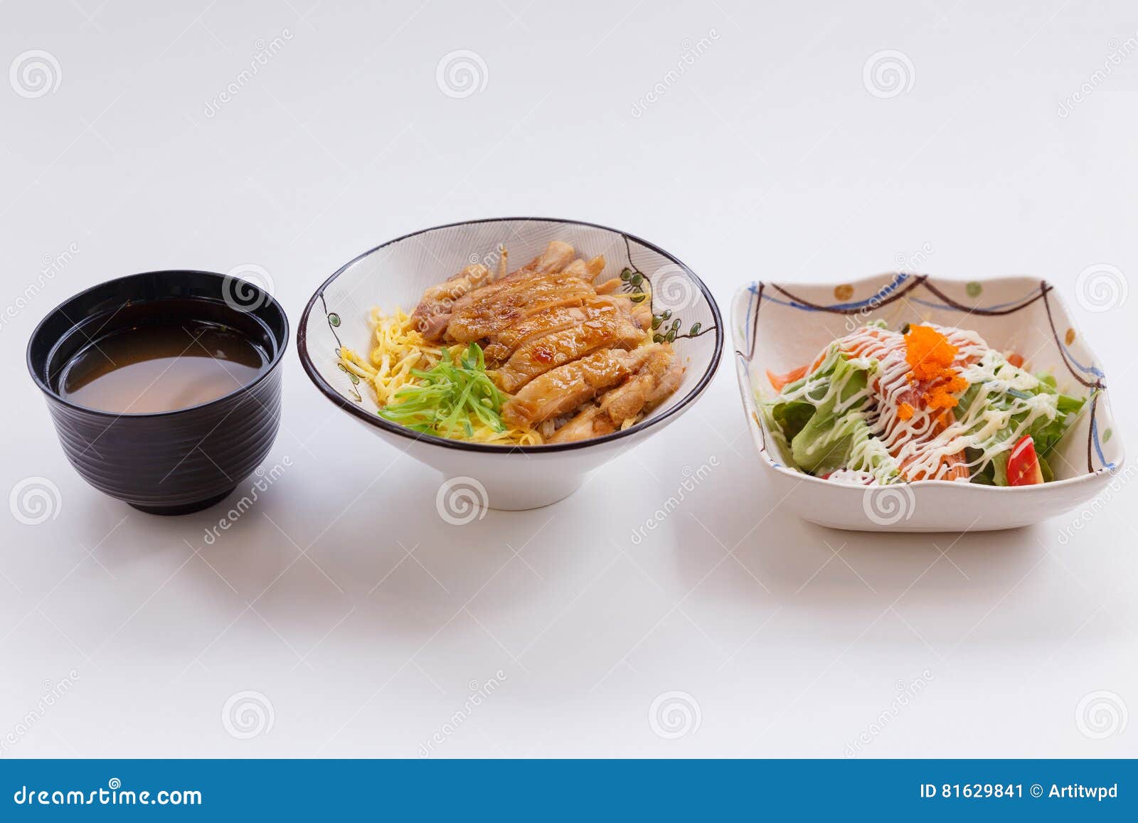 Rice with Chicken Teriyaki Set with Salad and Miso Soup Stock Image Image of cooked, food