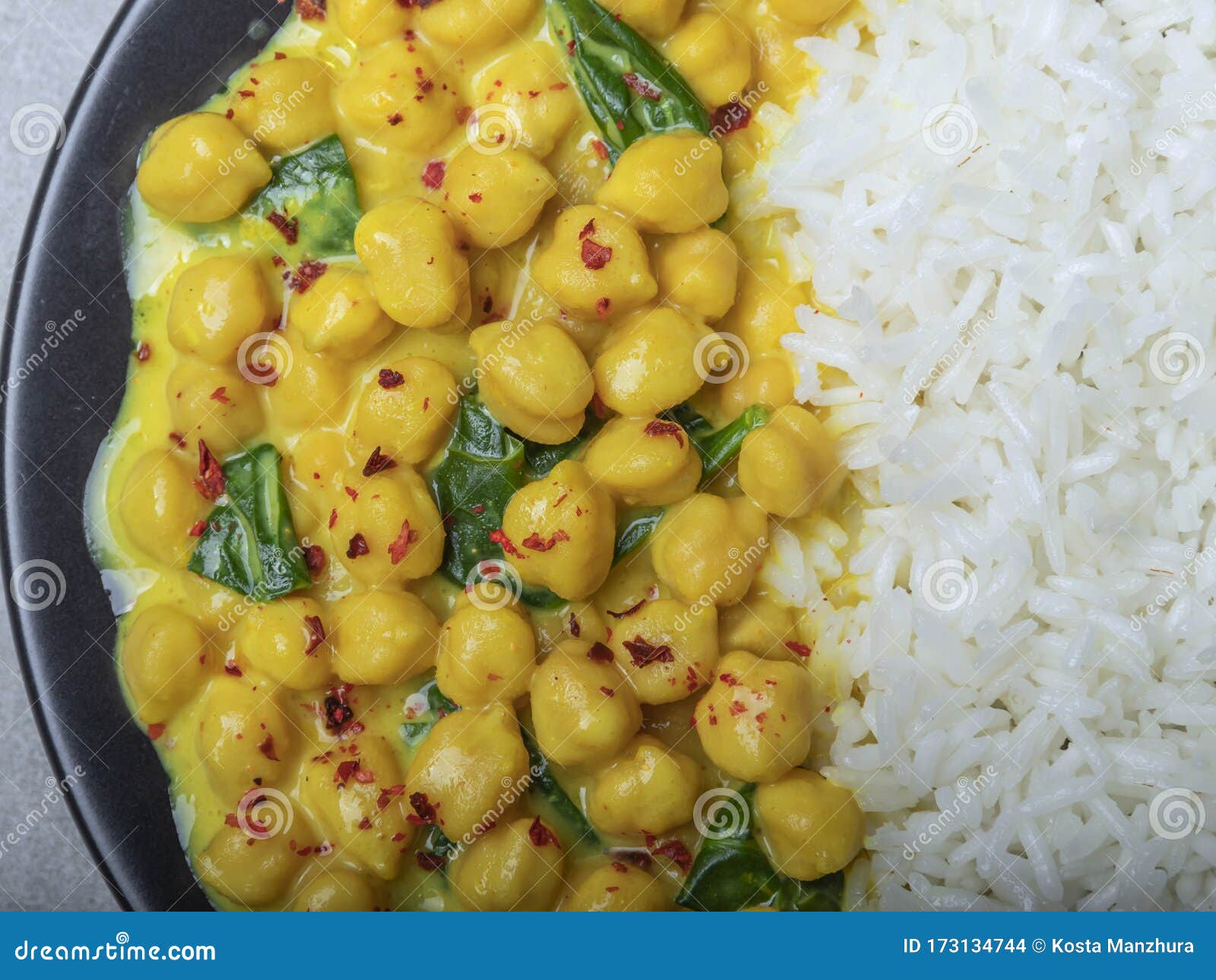Rice, Chickpeas with Coconut Milk and Curry. Vegetarian Dish Stock Photo Image of peas, food