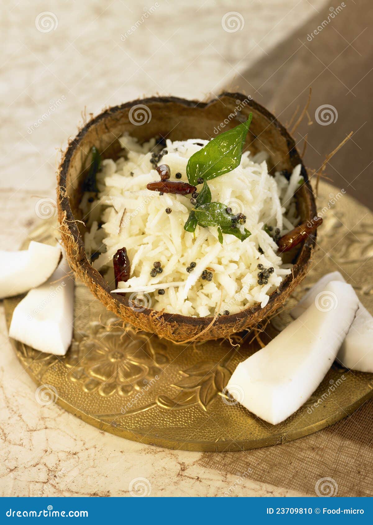 Rice with Coconut, Chili Peppers and Mustard Seeds Stock Photo Image