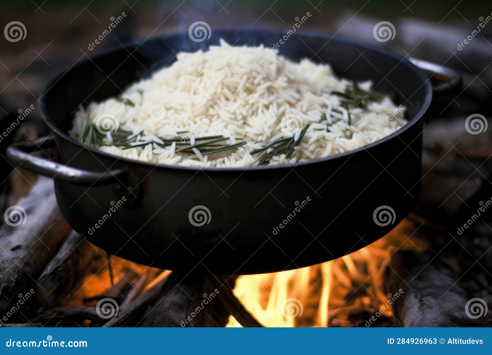 Rice Cooking in a Pot Over Campfire Flames Stock Image Image of adventure, generated 284926963