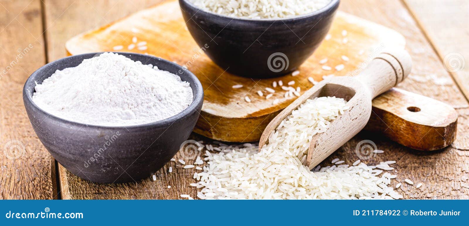 Rice Flour with Raw Rice Pot on the Side, Culinary Ingredient Stock