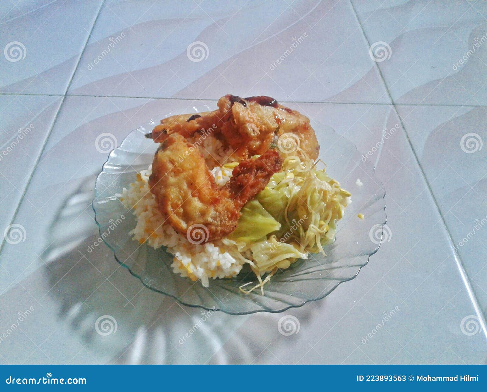 Rice with Fried Tempeh, Chicken Wings and Cabbage Stock Image Image