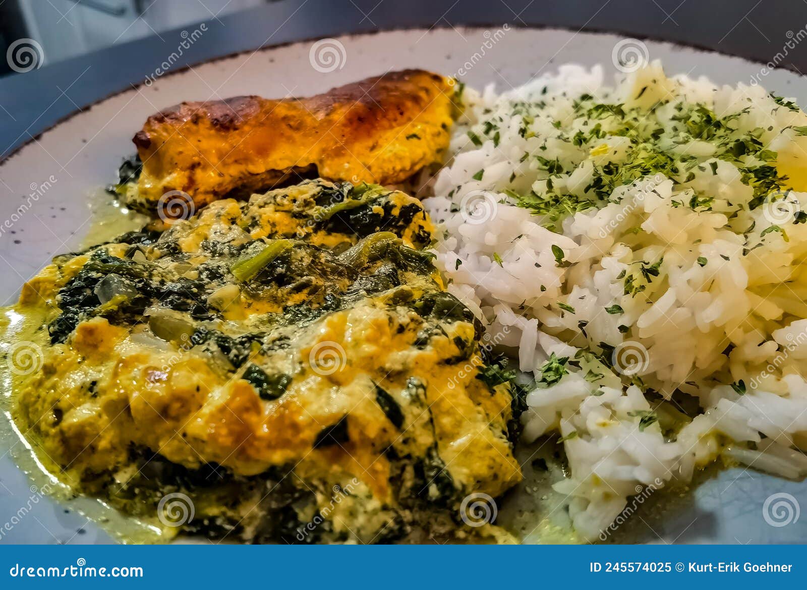 Rice with Gratinated Chicken with Spinach Stock Image Image of meal