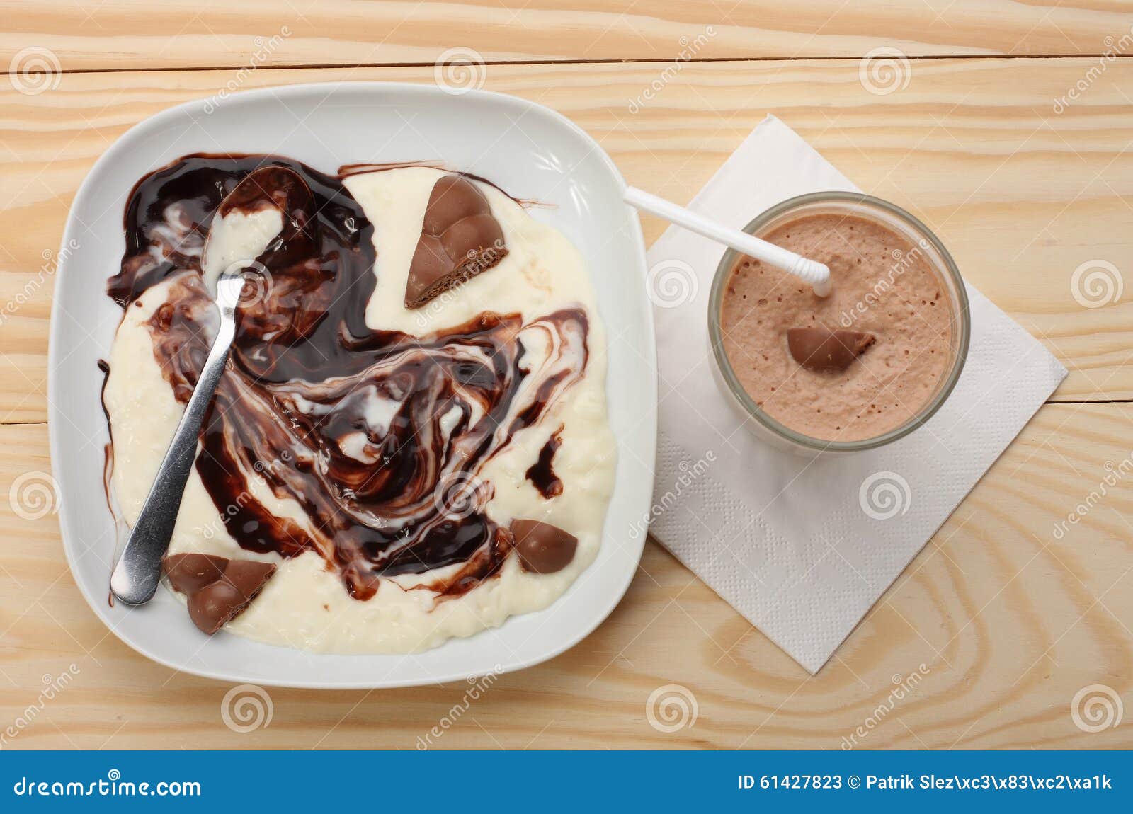 Rice Milk Porridge with Chocolate and Smoothie Stock Image Image of