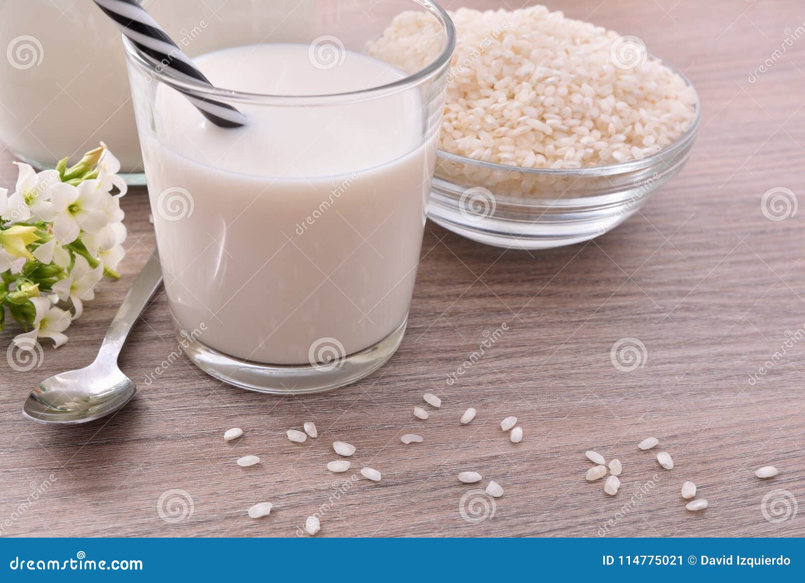 Rice Milk and Rice in Containers in Kitchen Elevated View Stock Image Image of composition