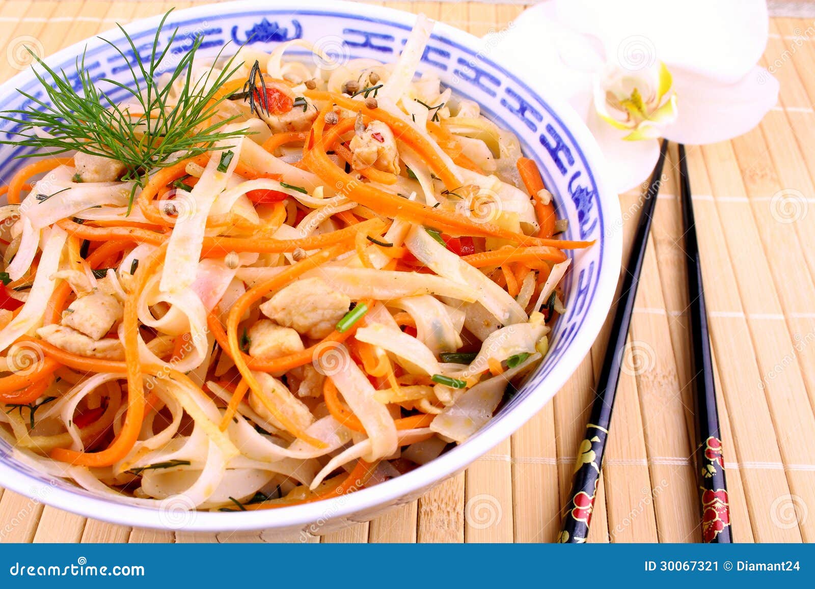 Rice Noodle with Chicken Meat, Chopsticks and Orchid Stock Image