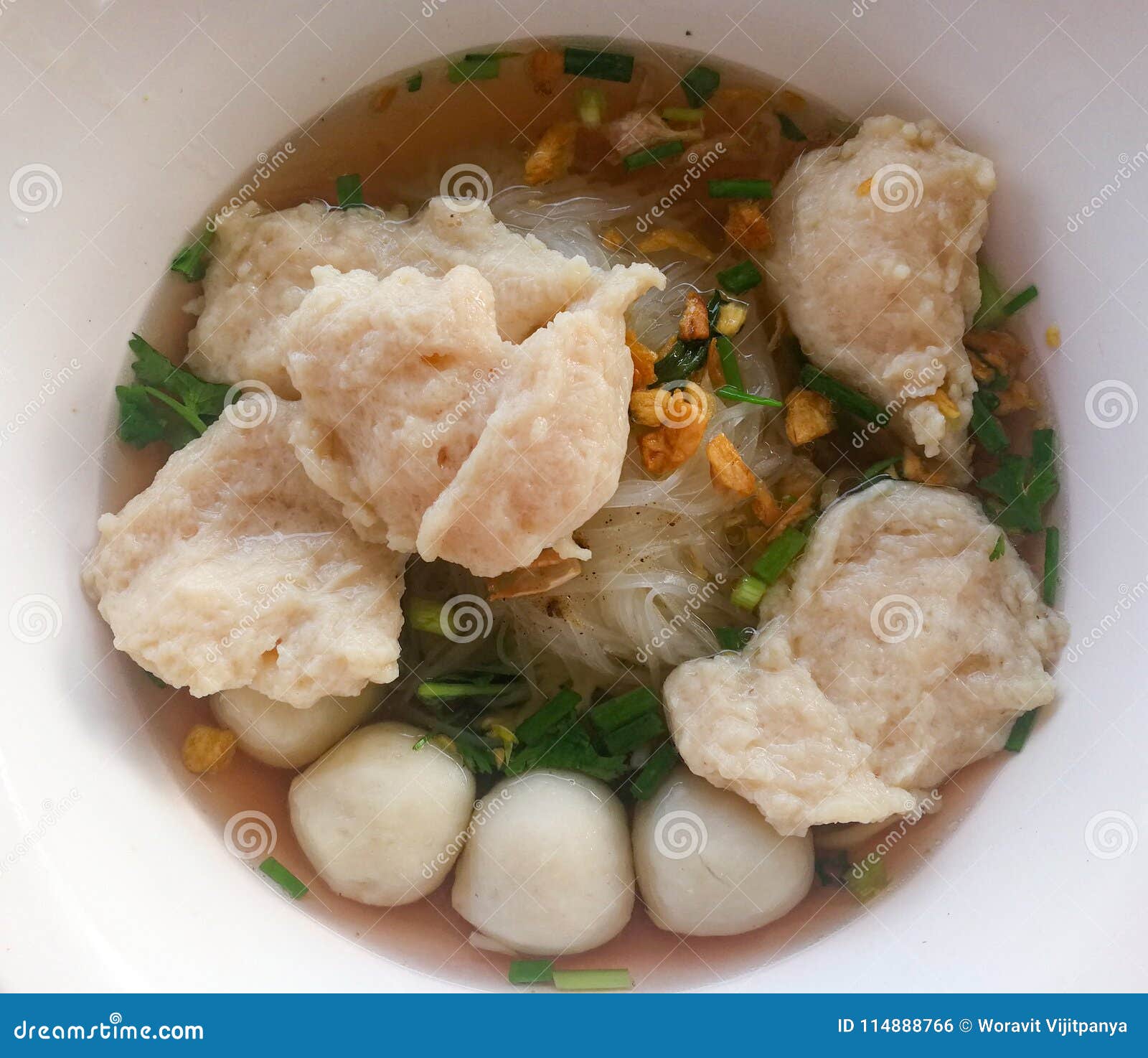 Rice Noodle Soup with Fish Balls and Pork Stock Photo Image of