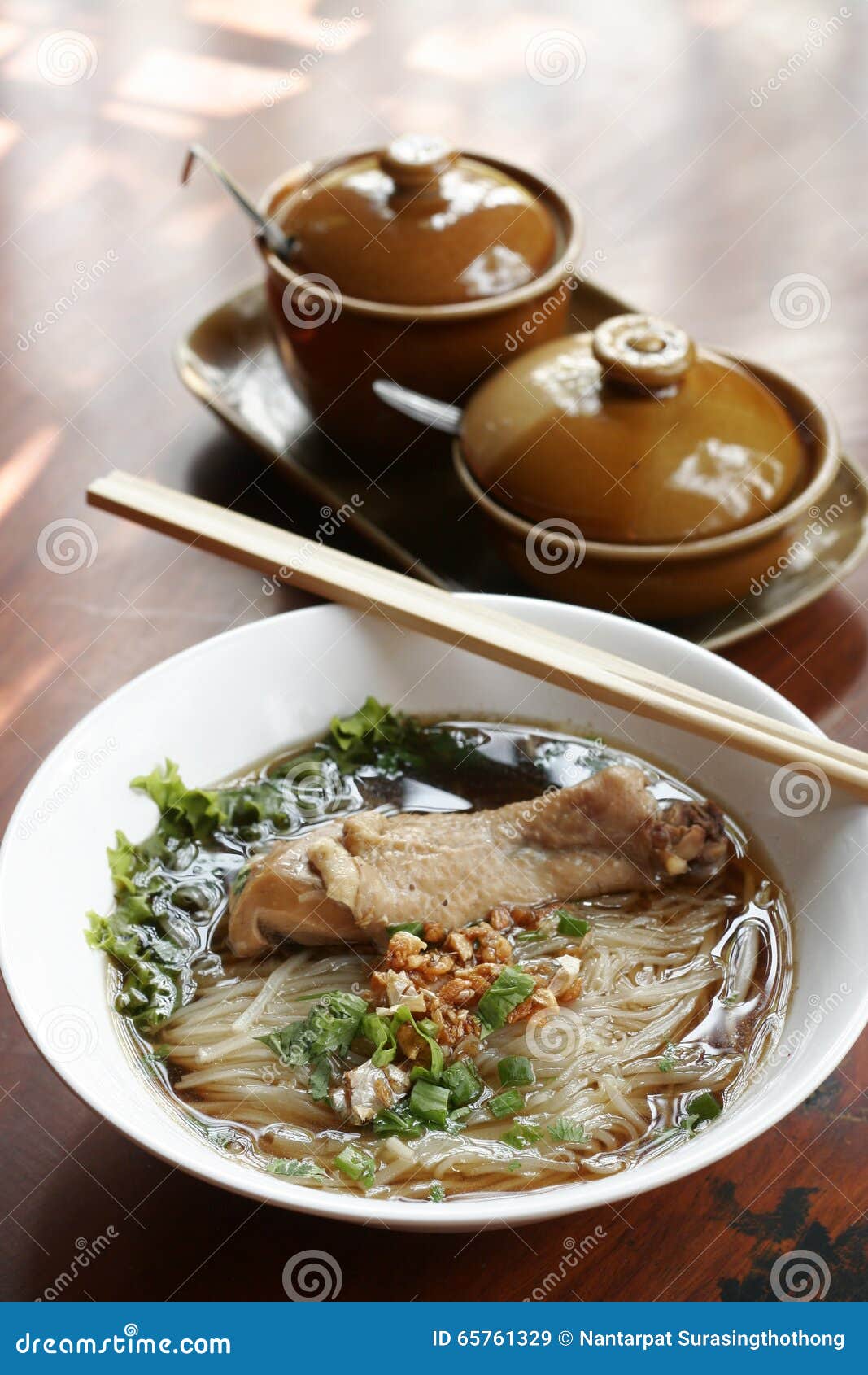 Rice Noodle Soup with Stewed Chicken and Chinese Herbs Stock Image