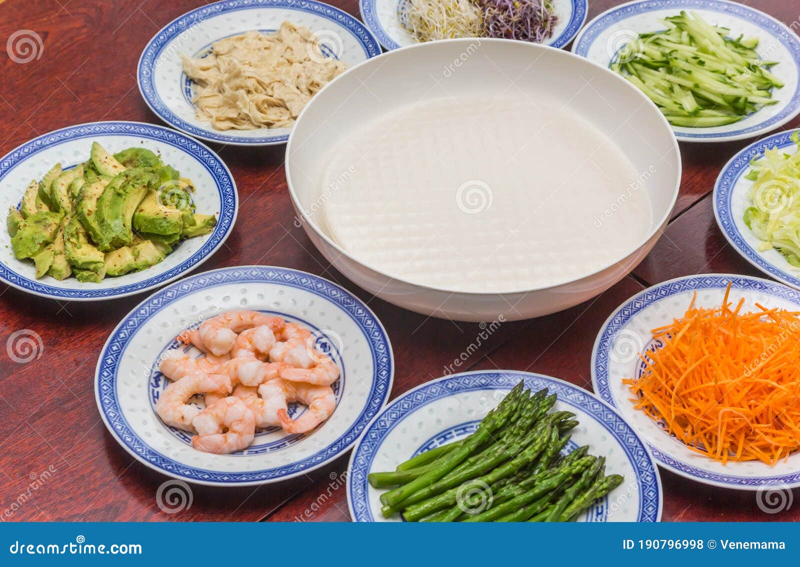 Rice Paper and Ingredients for Making Vietnamese Spring Rolls Stock