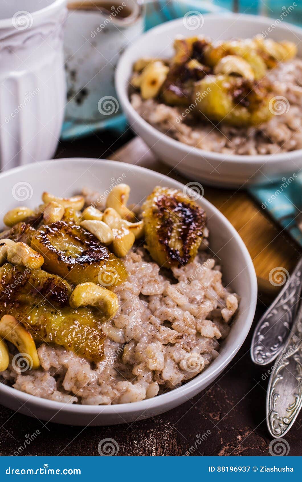 Rice porridge with banana stock image. Image of cream 88196937