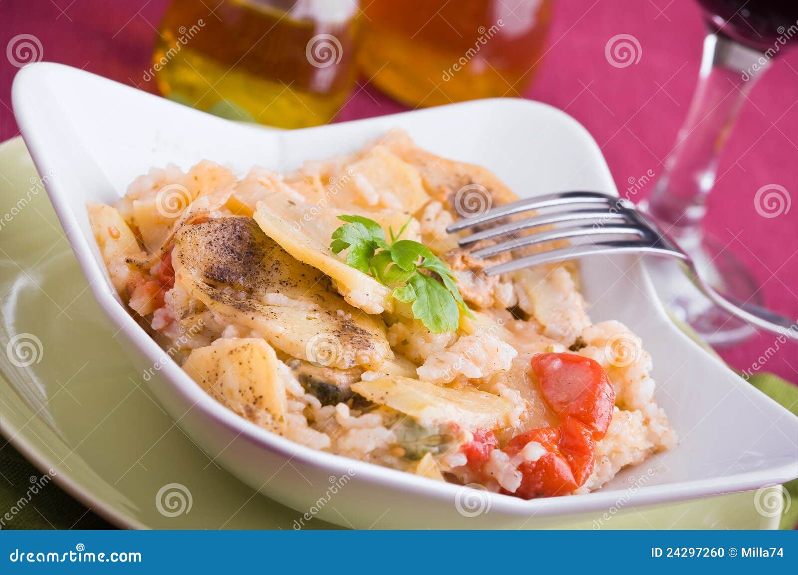 Rice, Potatoes and Mussels. Stock Photo Image of bottle, food 24297260