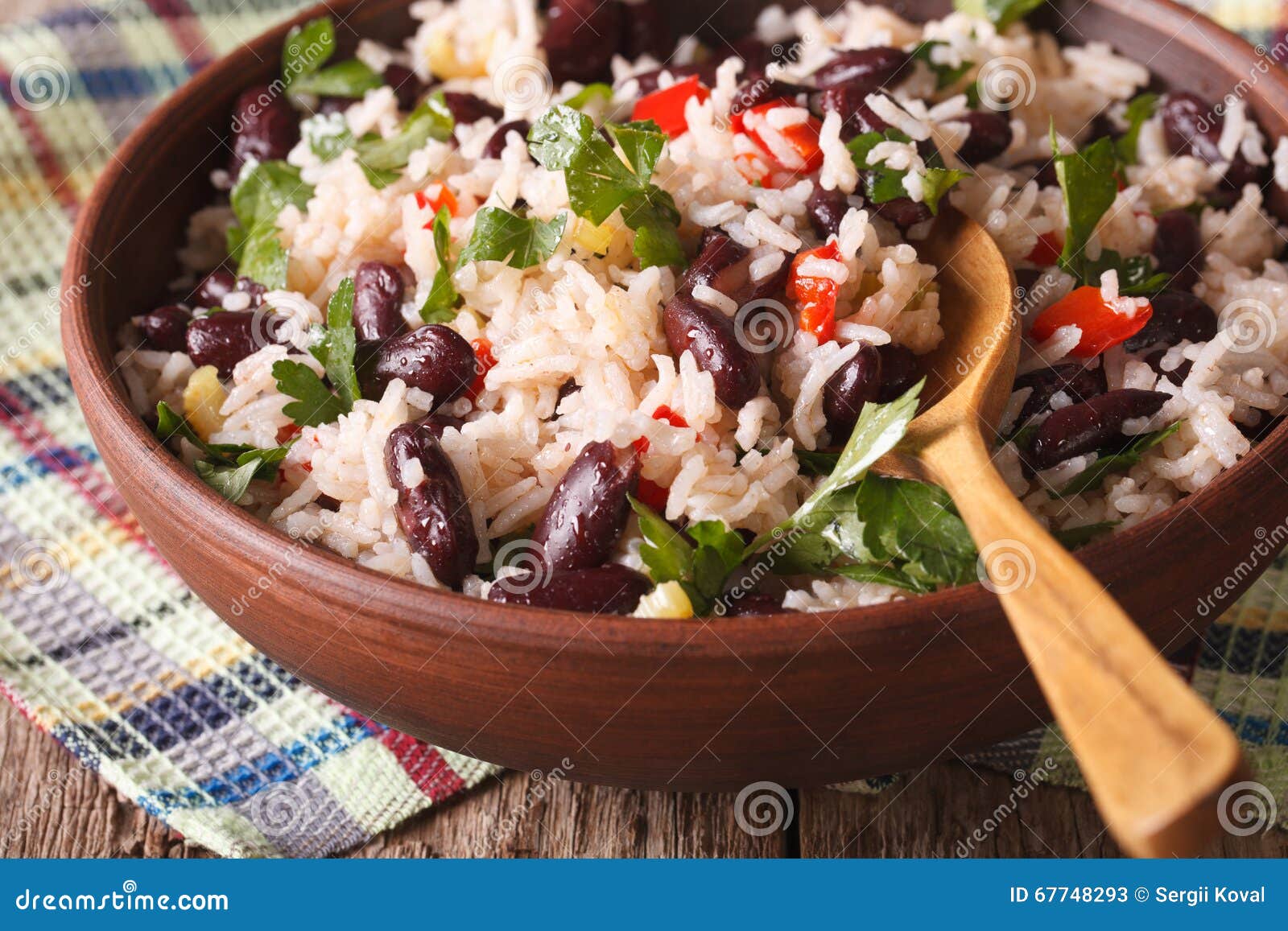 rice with red beans and other vegetables close-up. horizontal