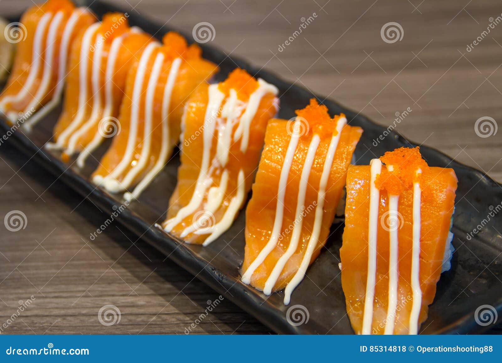 Rice Roll Topped with Salmon Stock Photo Image of fish, sauce 85314818