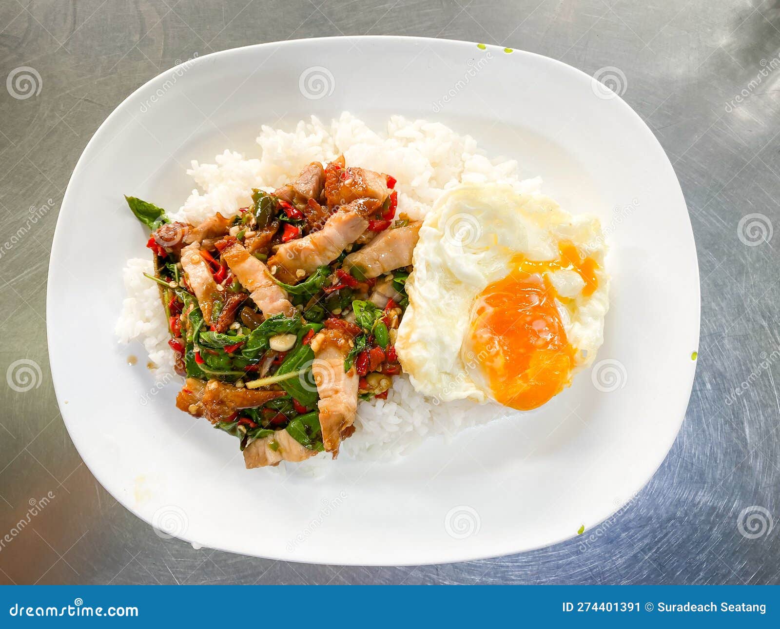 Rice Topped with Crispy Pork Belly with Thai Basil Stock Image Image