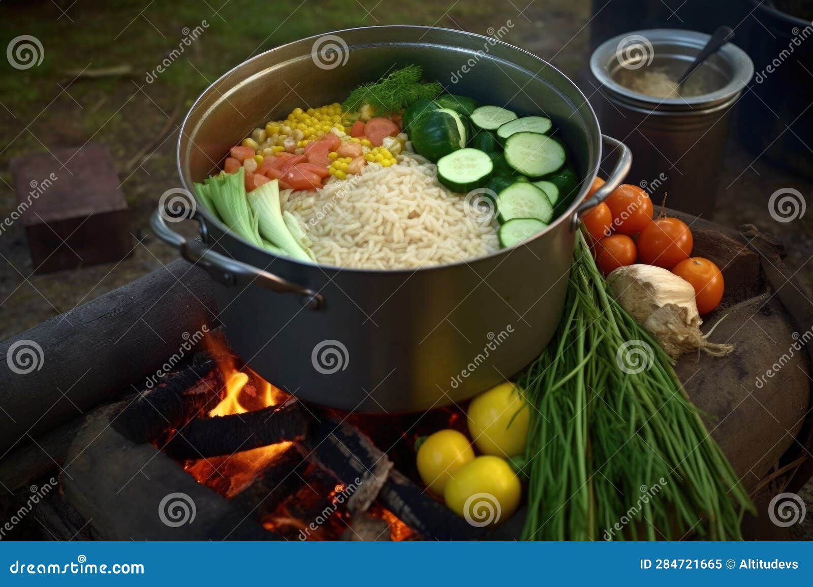 Rice and Vegetable Ingredients in a Pot, Ready To Cook Over Campfire Stock Illustration