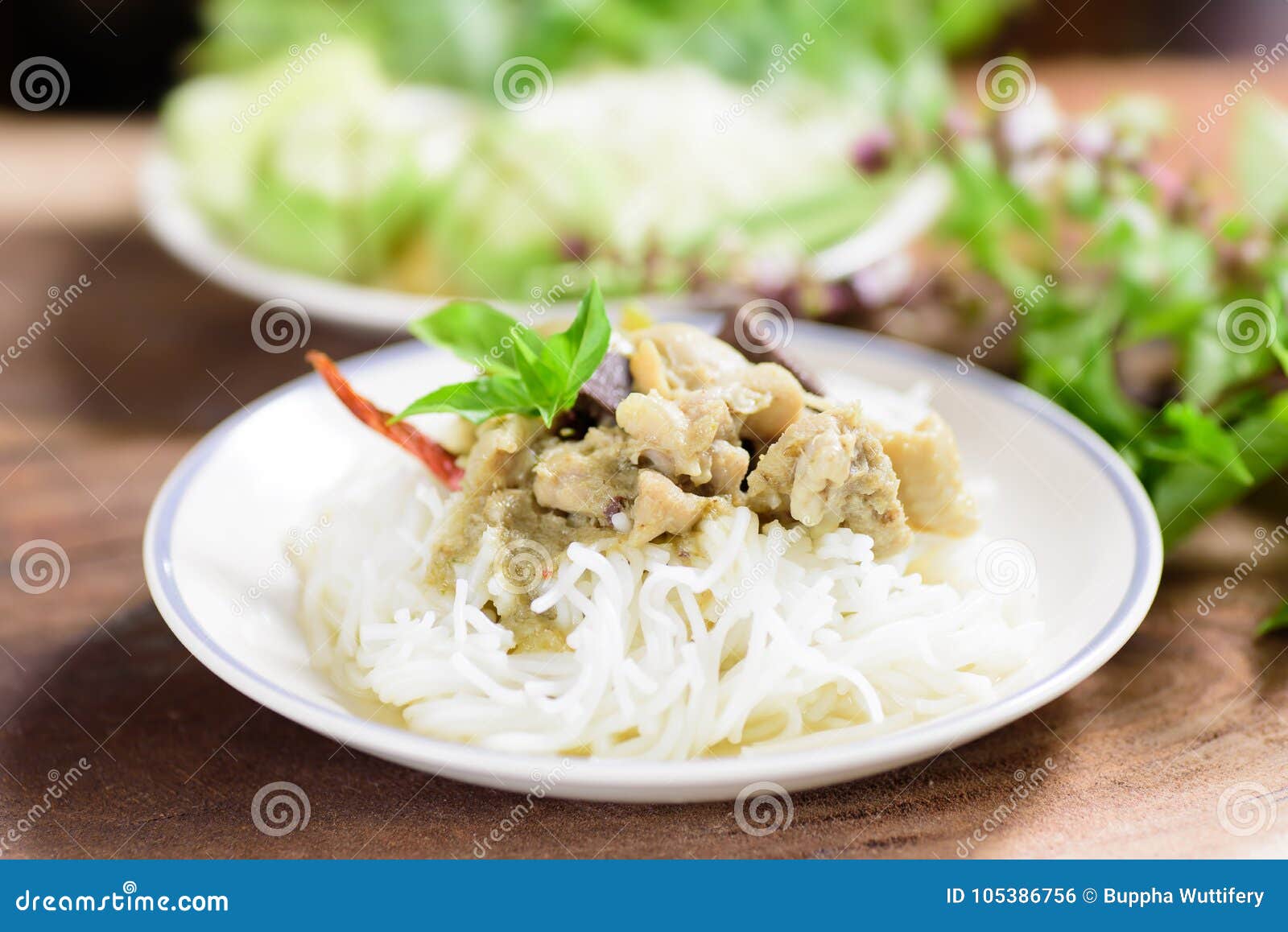 Rice Vermicelli Noodles with Green Curry Chicken Stock Photo - Image of