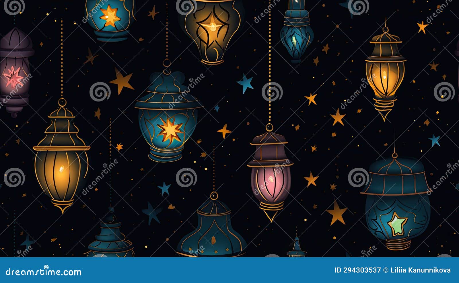 a rich arabian aesthetic, featuring ornate lanterns suspended in a starry night sky. seamless pattern. seamless