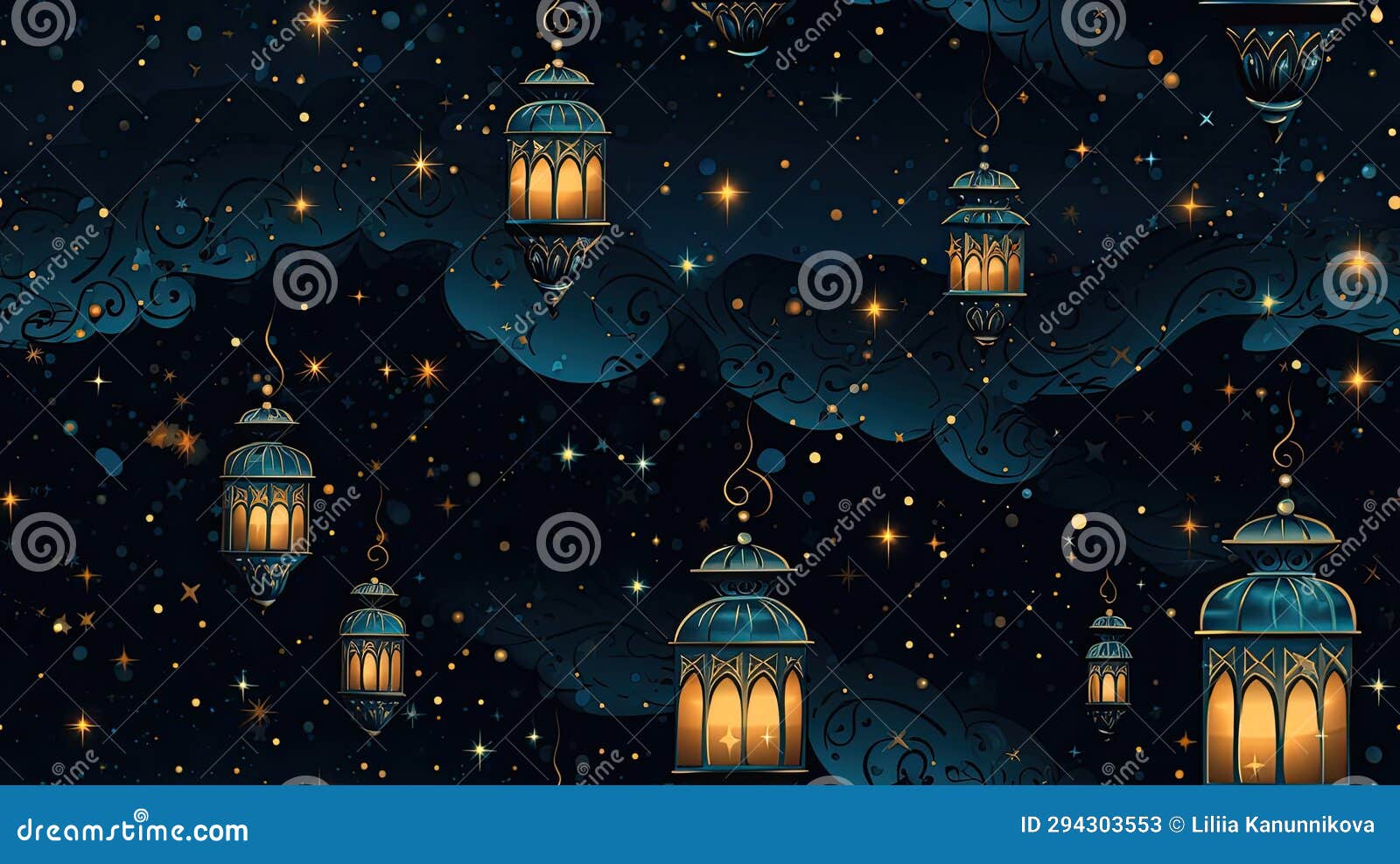 a rich arabian aesthetic, featuring ornate lanterns suspended in a starry night sky. seamless pattern. seamless