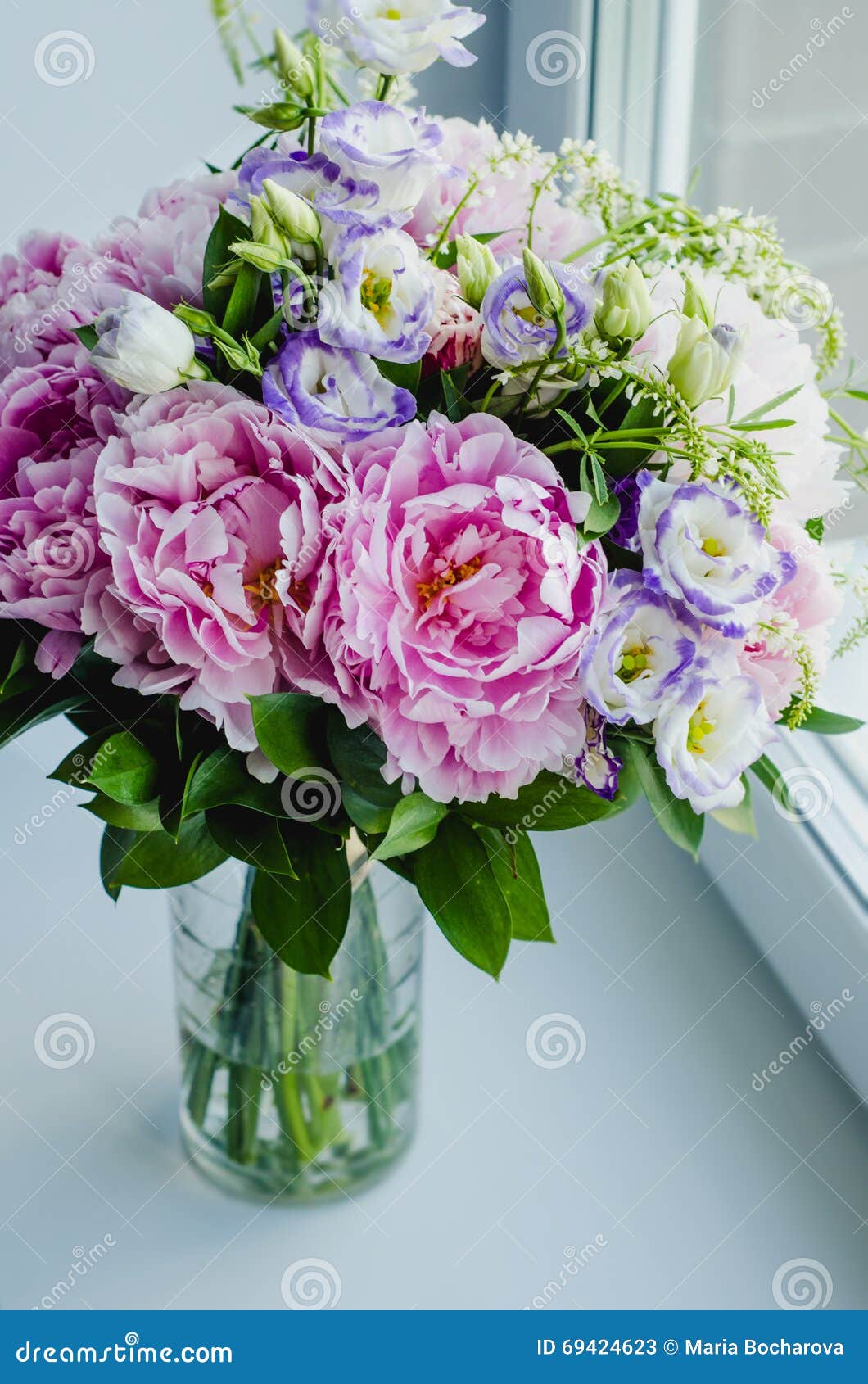 Rich Bunch of Pink Peonies Peony and Lilac Eustoma Roses Flowers in ...