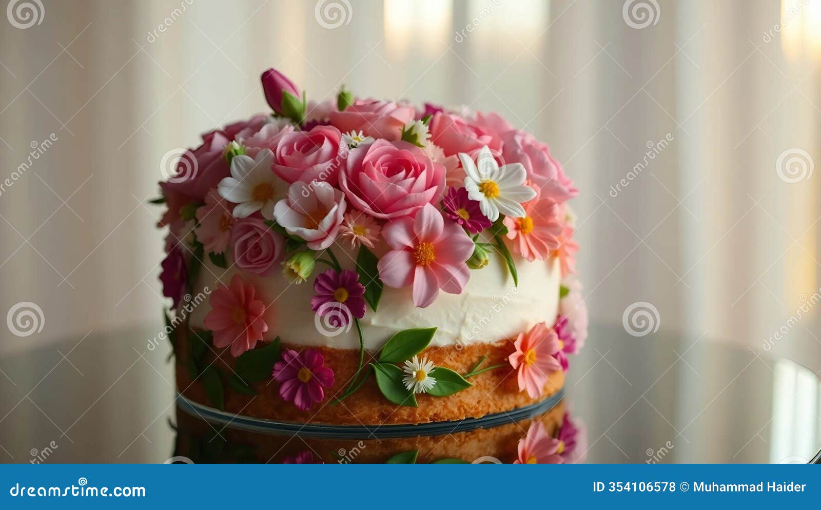 a rich buttercream cake adorned with a garden of piped cream roses