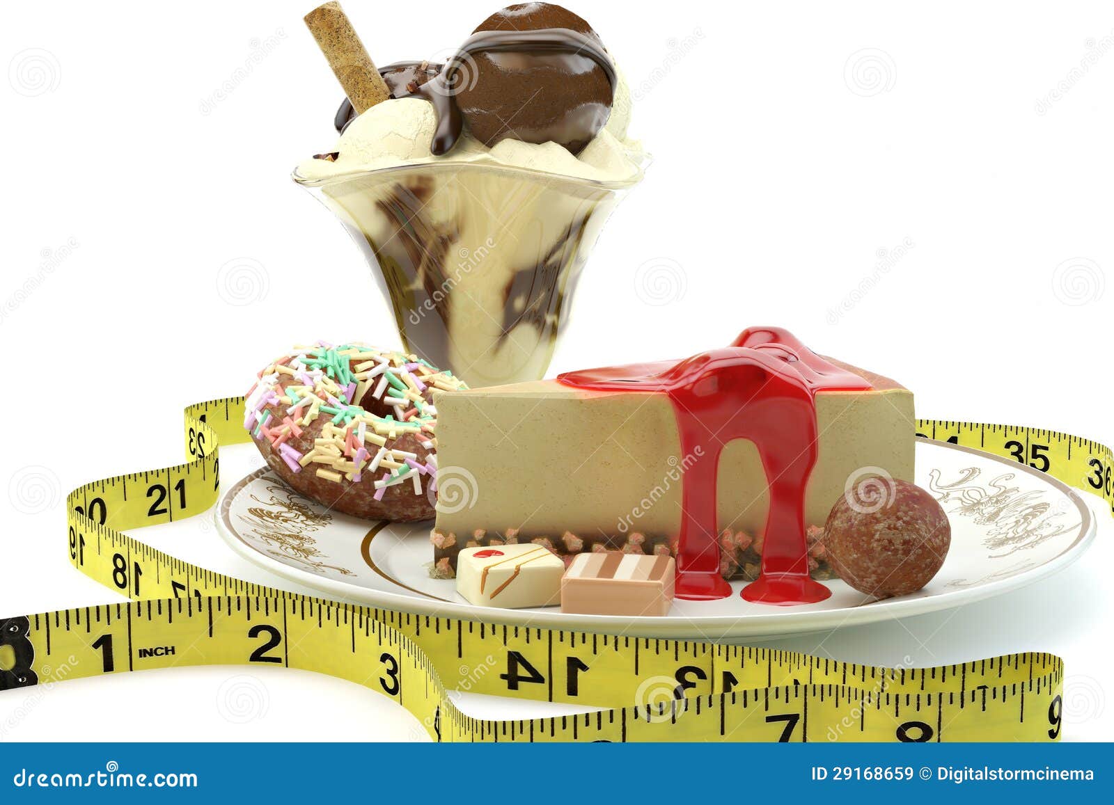 rich calorie desserts surrounded by a measuring tape