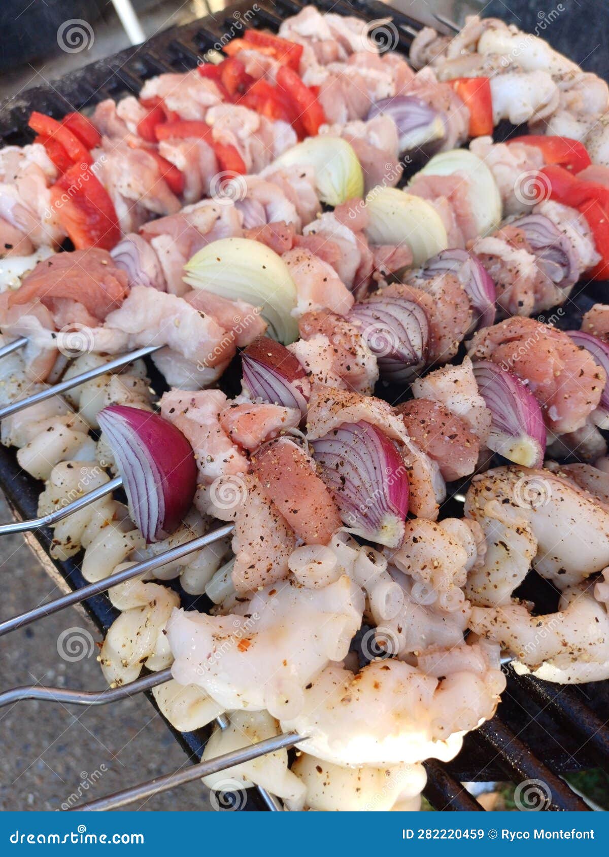 Rich Colourful Barbecue Skewers Which Seafood and Lamb Neck Octopus and