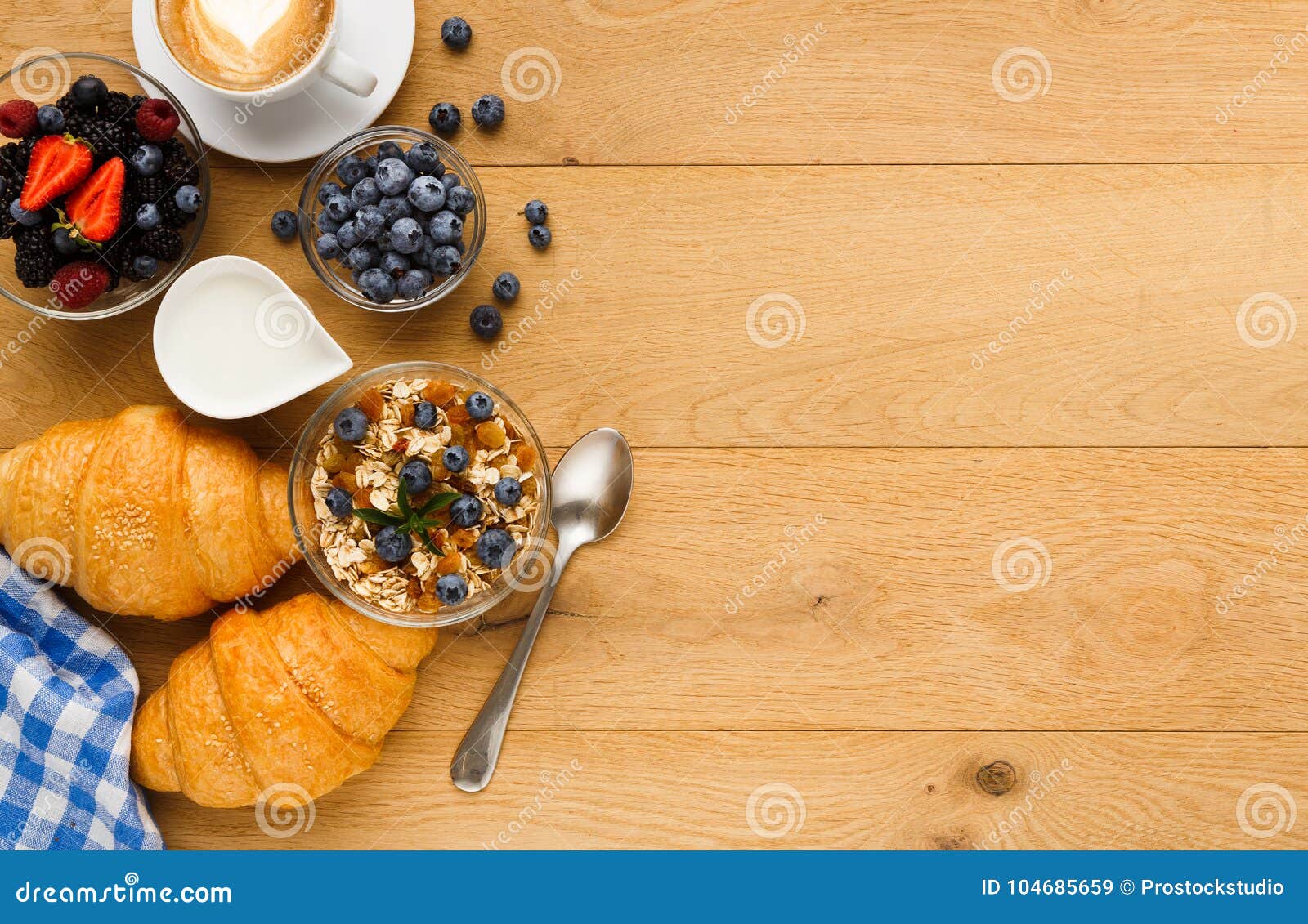 Continental Breakfast With Croissants And Berries On Natural Wood Stock Image Image 104685659