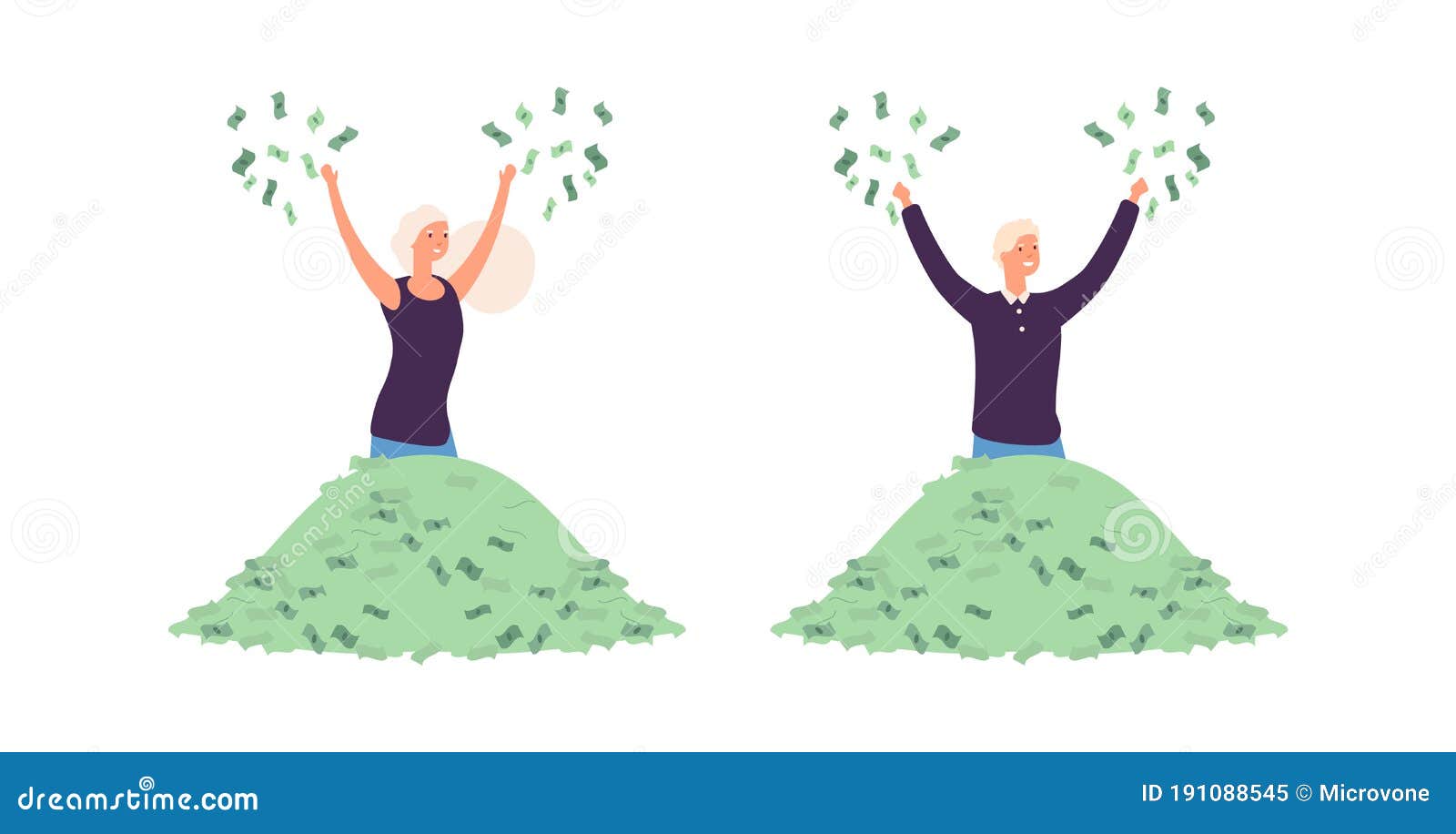 rich people. man woman in pile of money. lucky,  characters of business magnates, investors  