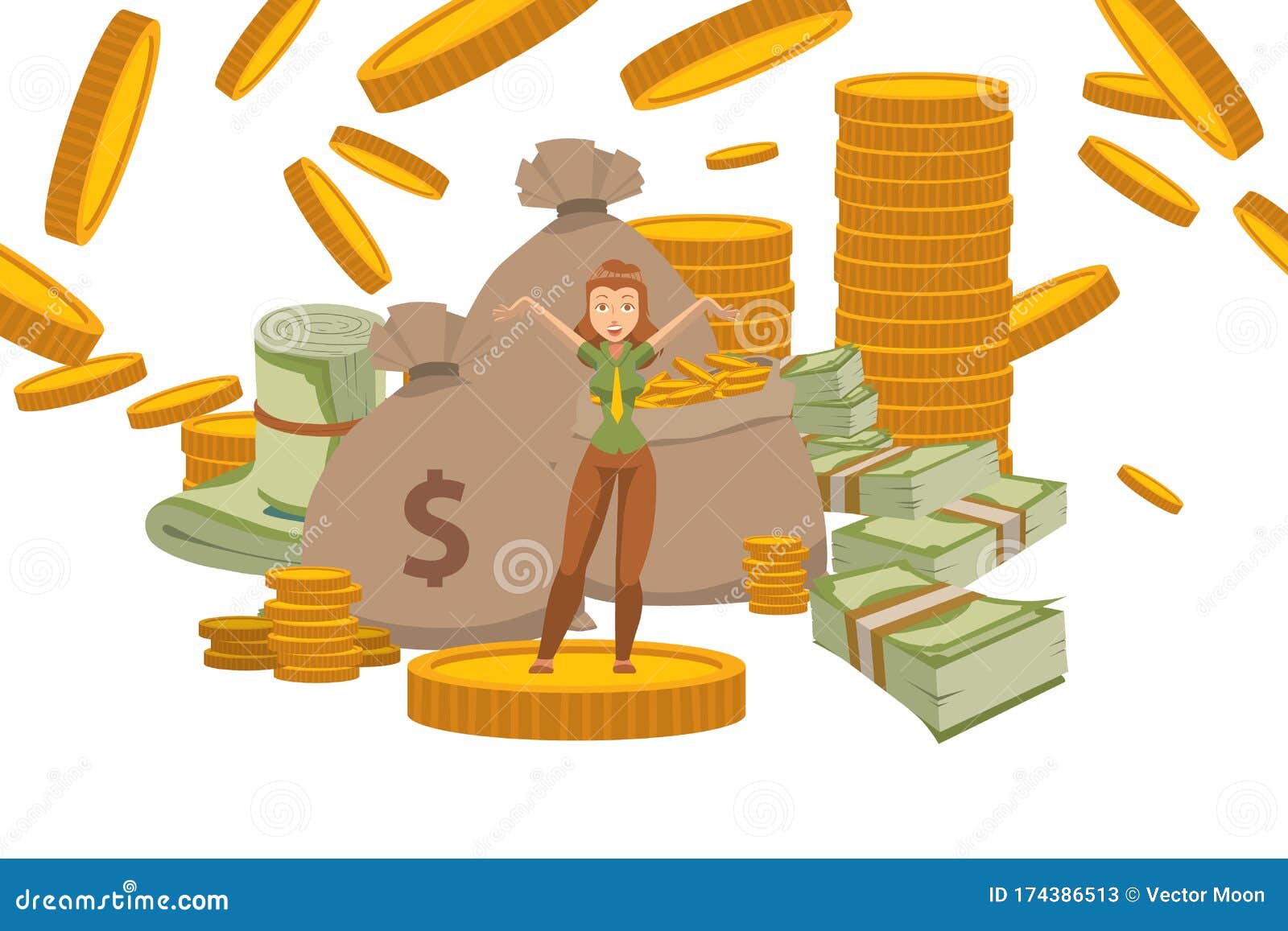 Rich Woman with Money Fortune, Successful Female Cartoon Character