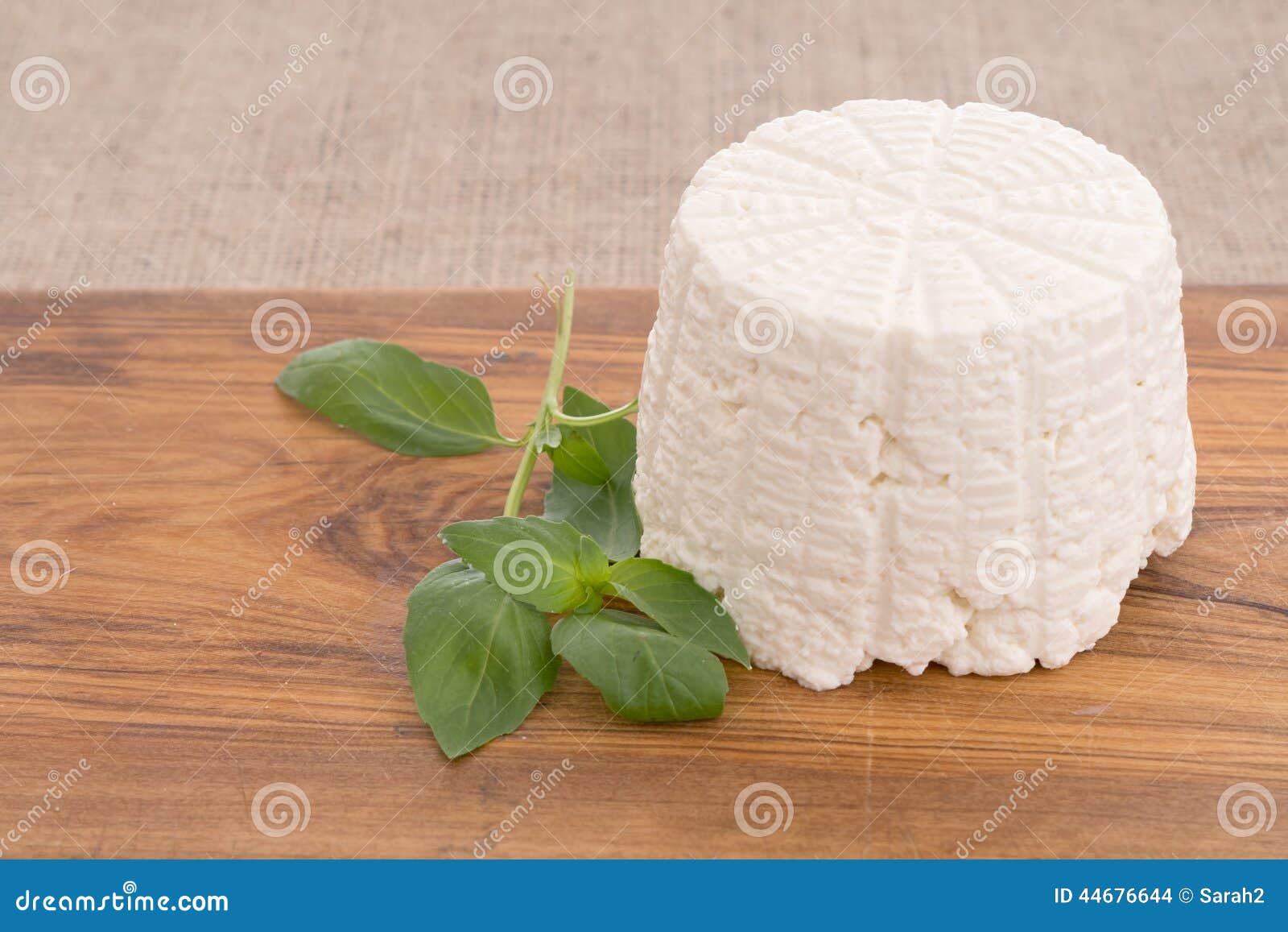 Ricotta Cheese, Fresh from the Mould, Mold with Herb Basil. Stock Photo