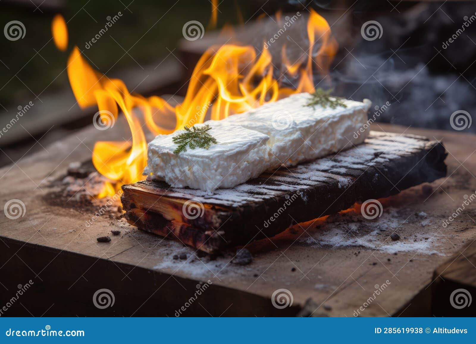 Ricotta Cheese Melting on Cedar Plank Over Hot Coals Stock Photo Image of summer, italian