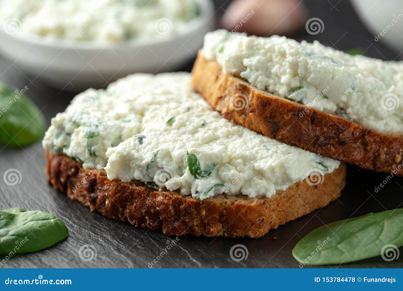 Ricotta Cheese Spinach Sandwich with Coffee. Healthy Breakfast Stock