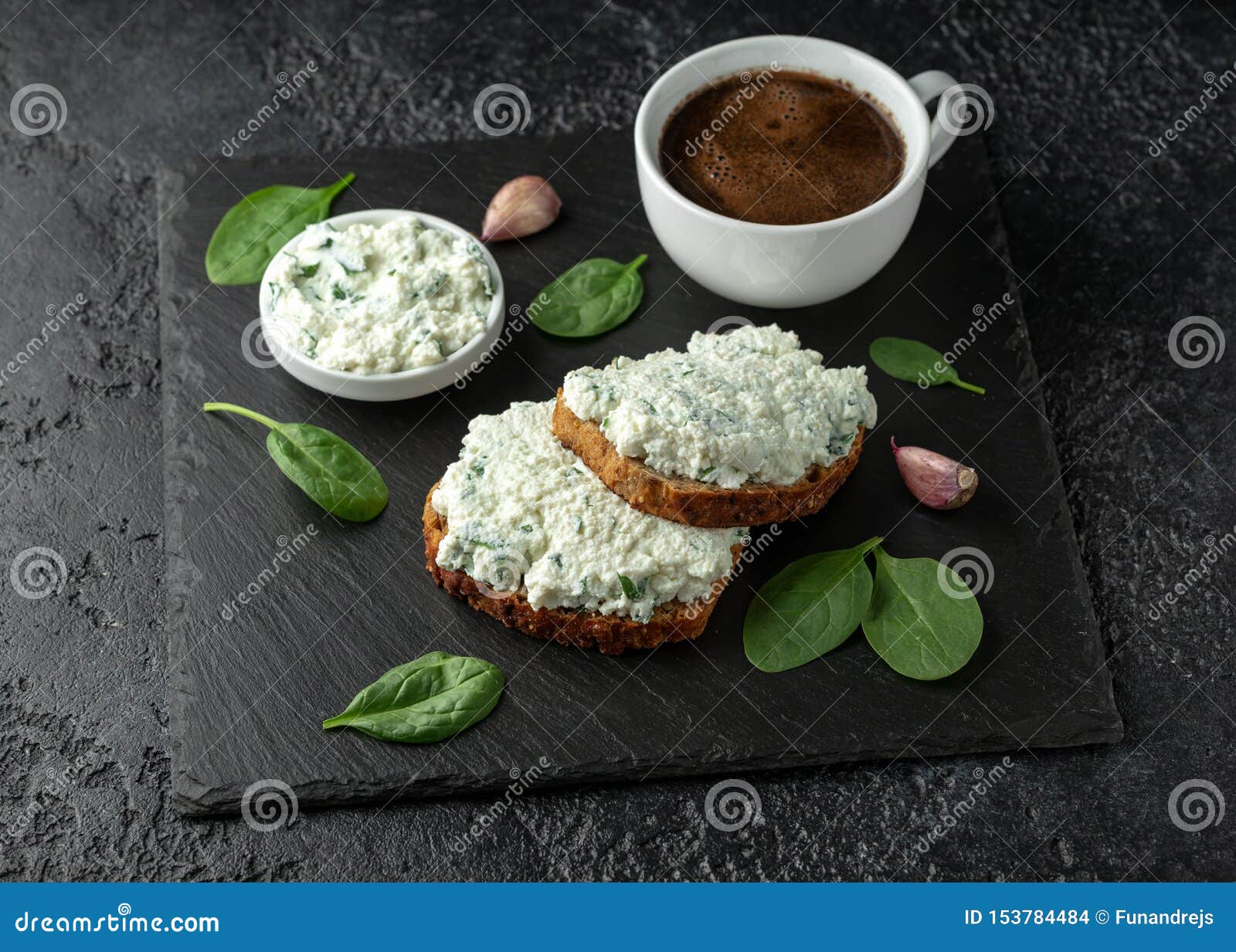 Ricotta Cheese Spinach Sandwich with Coffee. Healthy Breakfast Stock