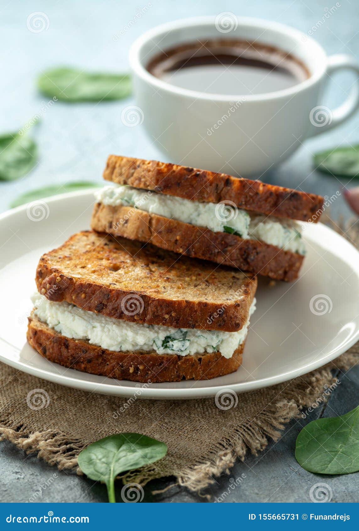Ricotta Cheese Spinach Sandwich with Coffee. Healthy Breakfast Stock