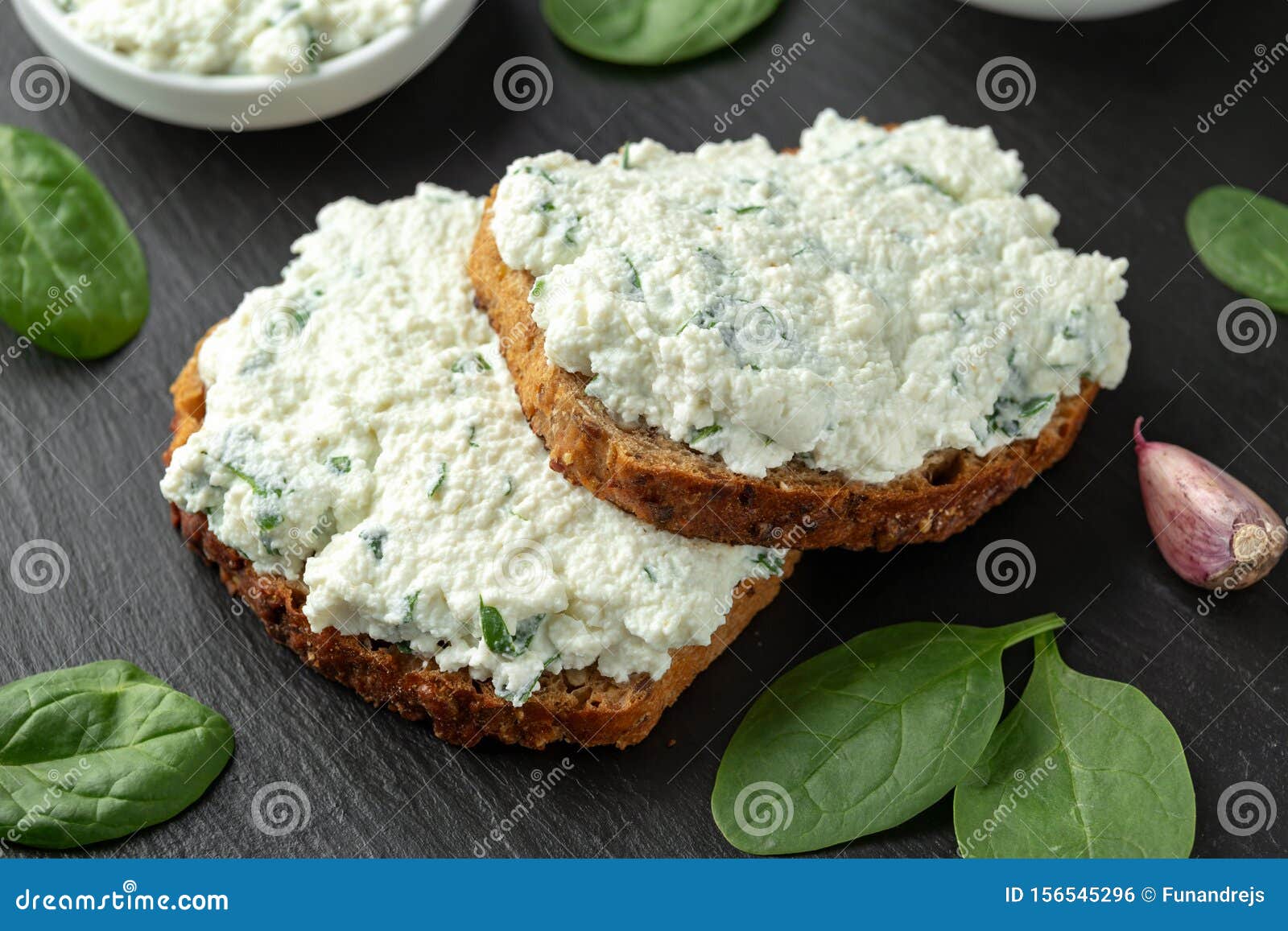 Ricotta Cheese Spinach Sandwich with Coffee. Healthy Breakfast Stock