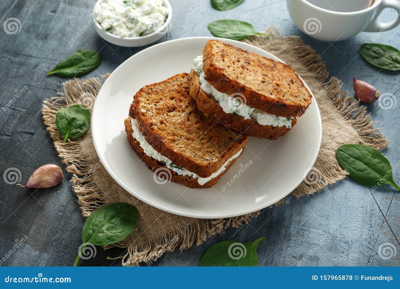 Ricotta Cheese Spinach Sandwich with Coffee. Healthy Breakfast Stock