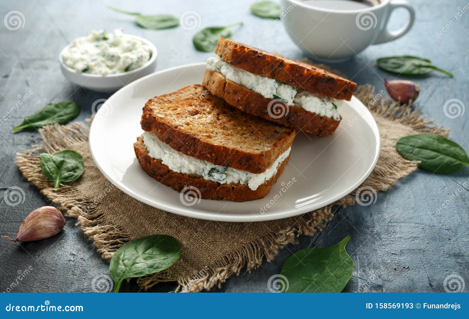 Ricotta Cheese Spinach Sandwich with Coffee. Healthy Breakfast Stock
