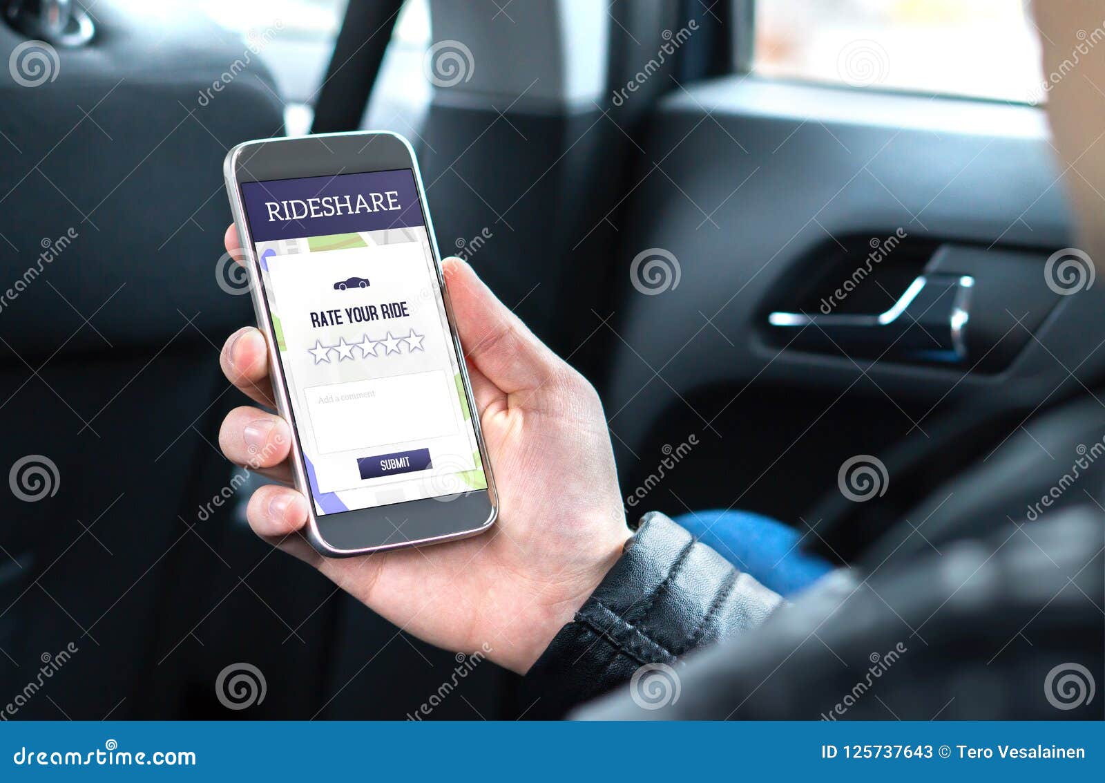 ride share customer and passenger sitting in the backseat of a car.