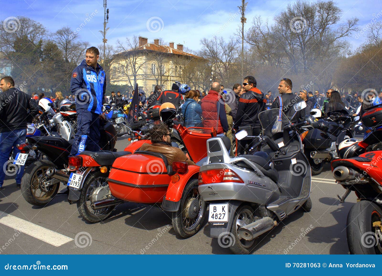 Riders meeting. Hundreds of riders and parked different motorbikes gathered at city center for the official Opening of the new motorcycle season. April 2nd,2016 Varna Bulgaria