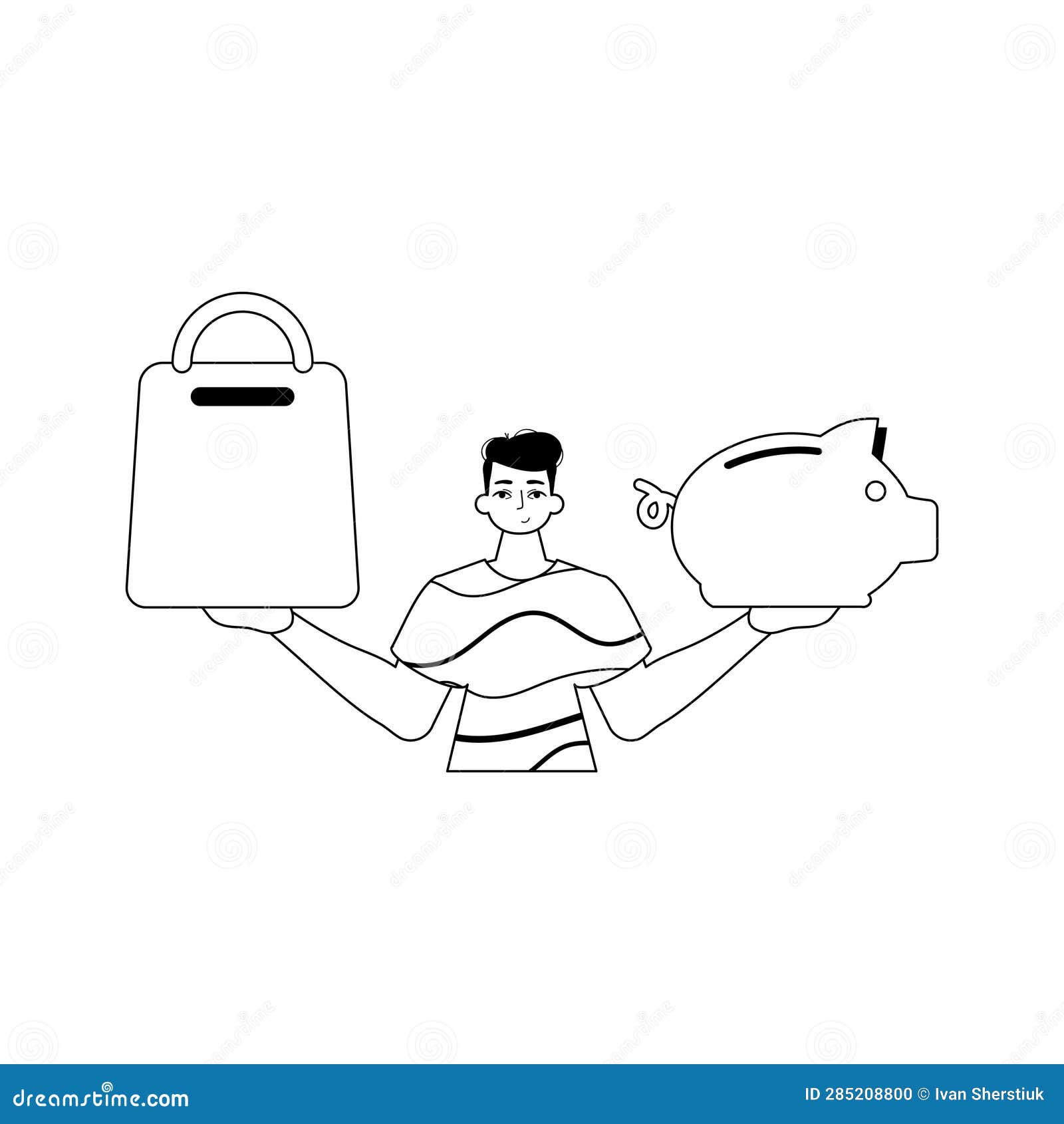 the ridicule is holding a piggy bank and a stigmatize handcart . sum dark and washcloth analogue style. trendy style