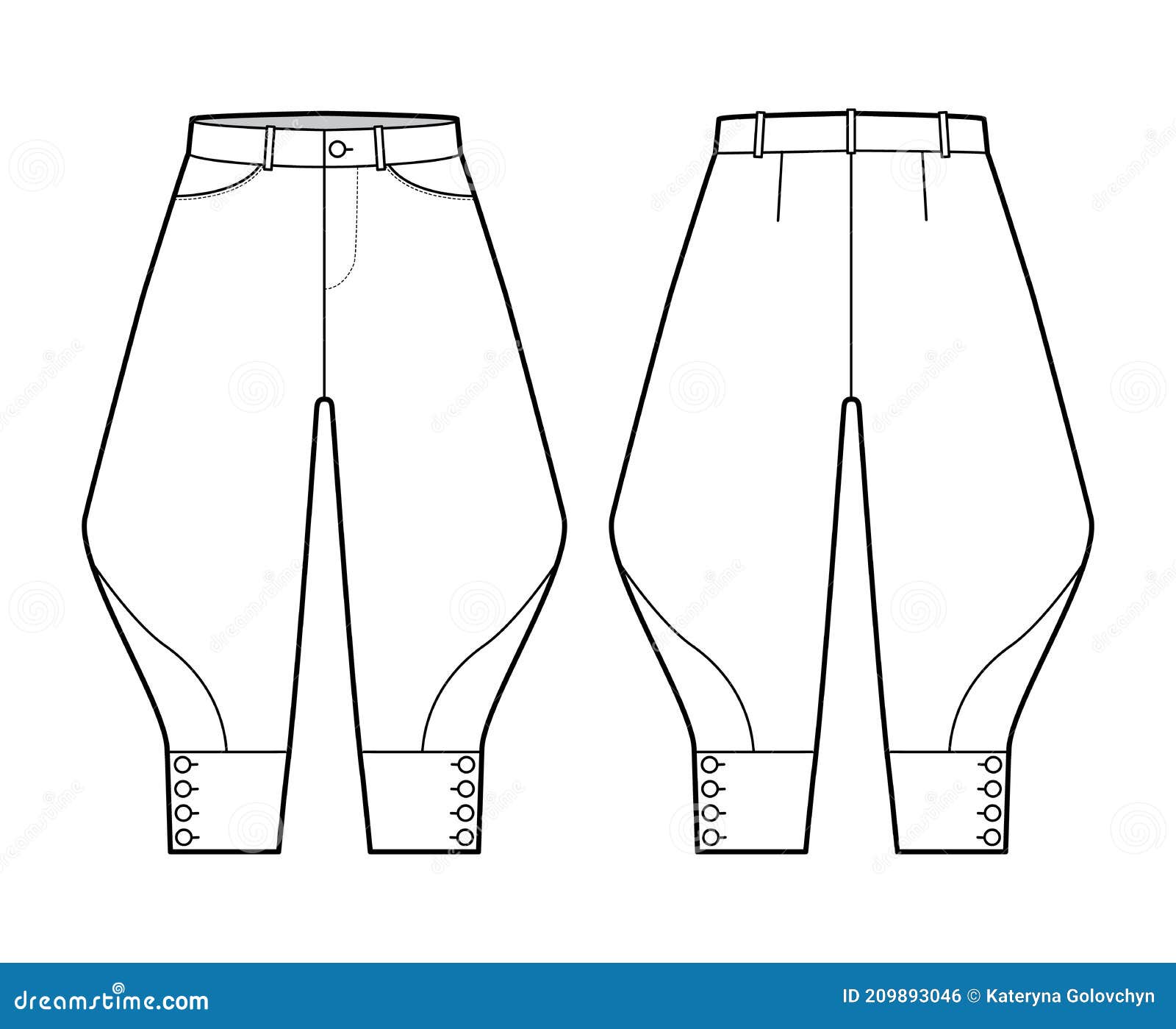 Riding Breeches Short Pants Technical Fashion Illustration with Knee ...