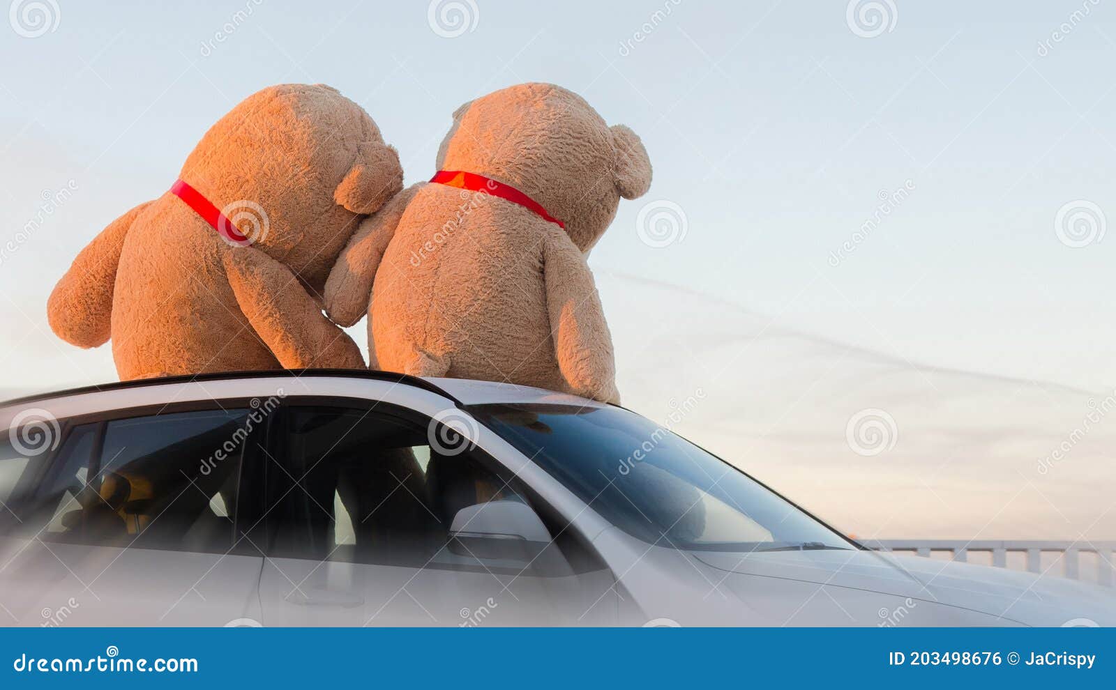 Riesige Teddy Mit Den Roten Banderolen, Die Auf Das Auto Hoo