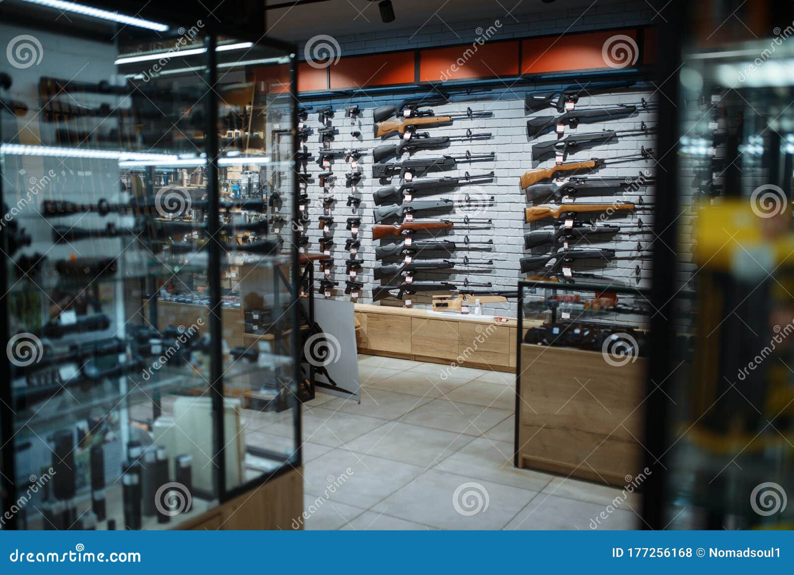 rifle choice, showcase in gun shop, nobody