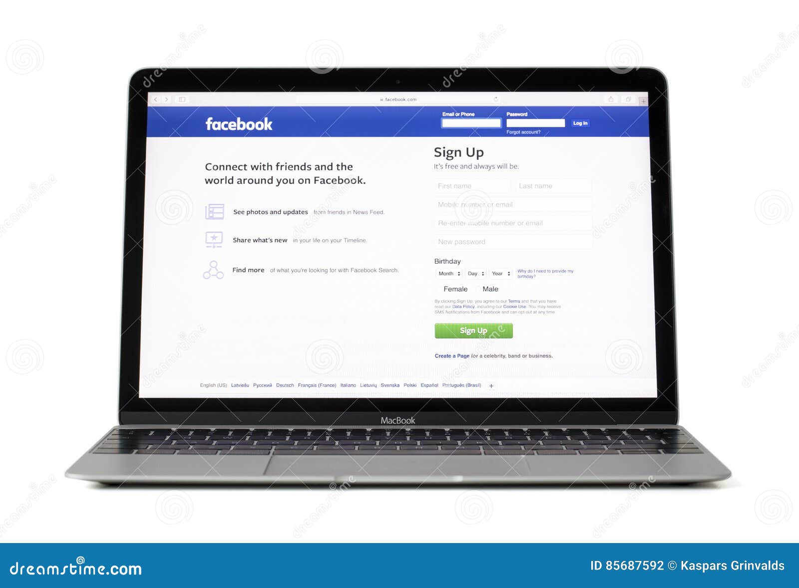 Facebook Login Home Page Screen Editorial Stock Photo