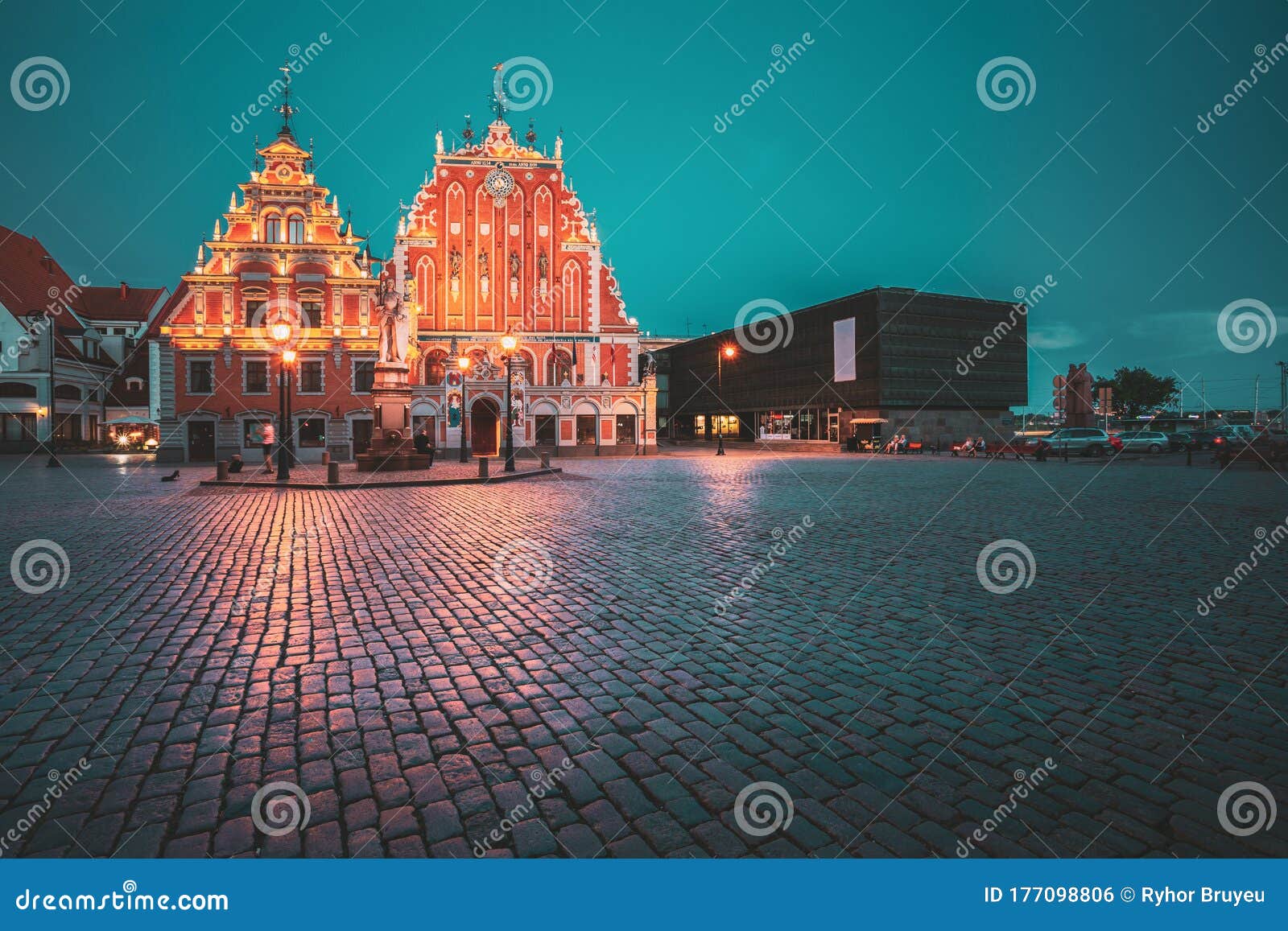 riga, latvia. schwabe house and house of the blackheads at town hall square, ancient historical landmark and popular