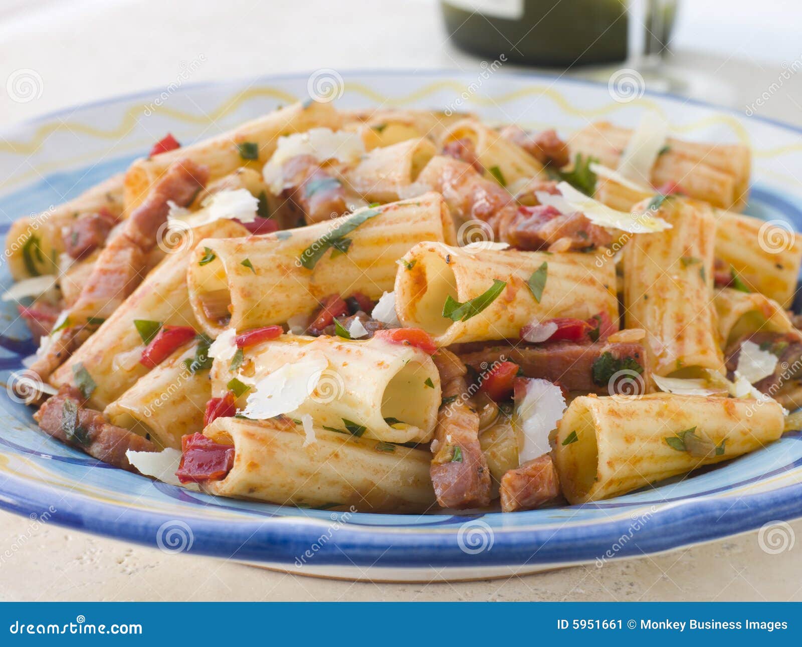 Rigatoni Pasta with a Tomato and Pancetta Stock Image Image of pimento, basil 5951661