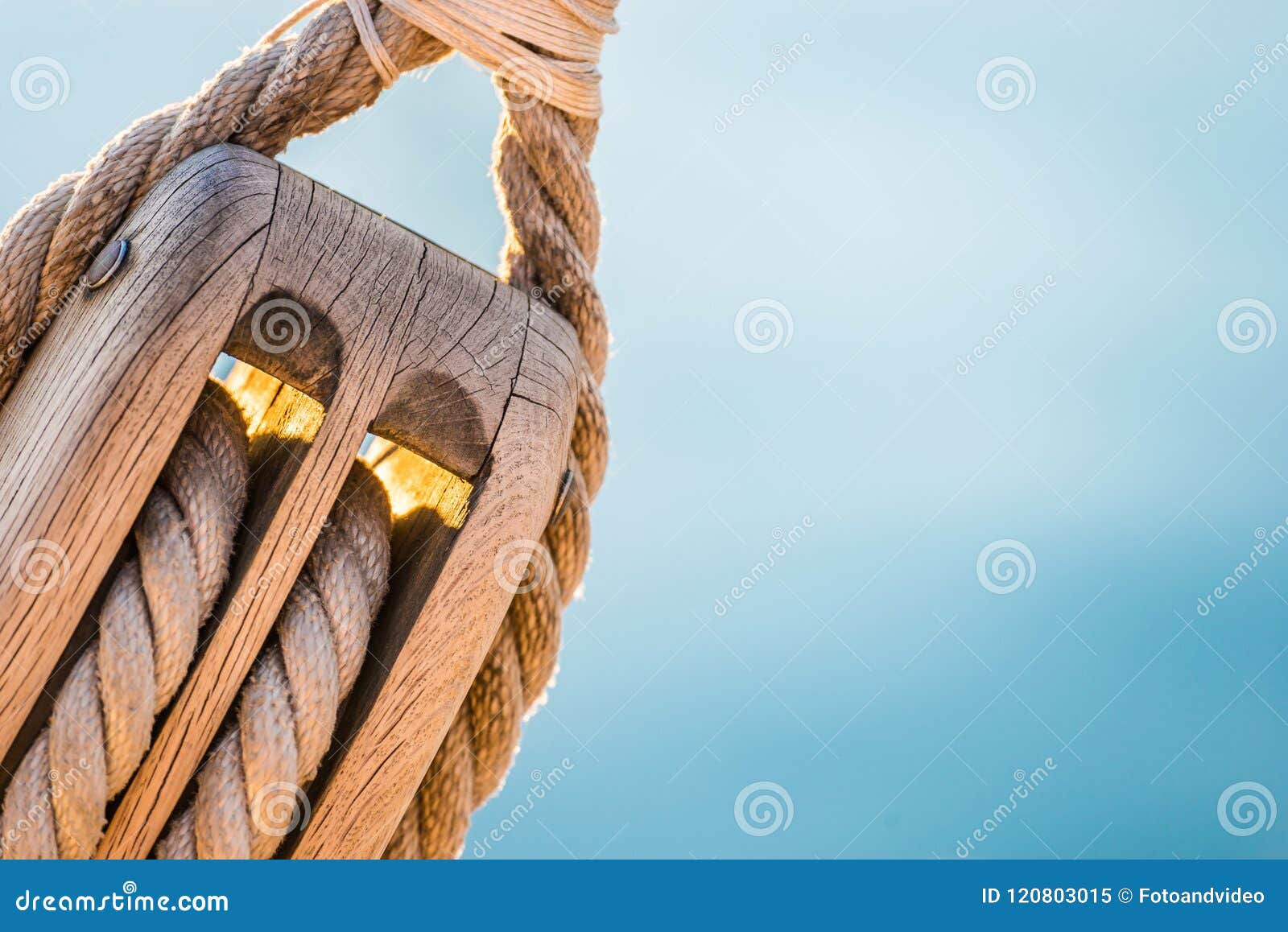 Rigging, Maritime Scene, Close-up of Wooden Pulley with Nautical