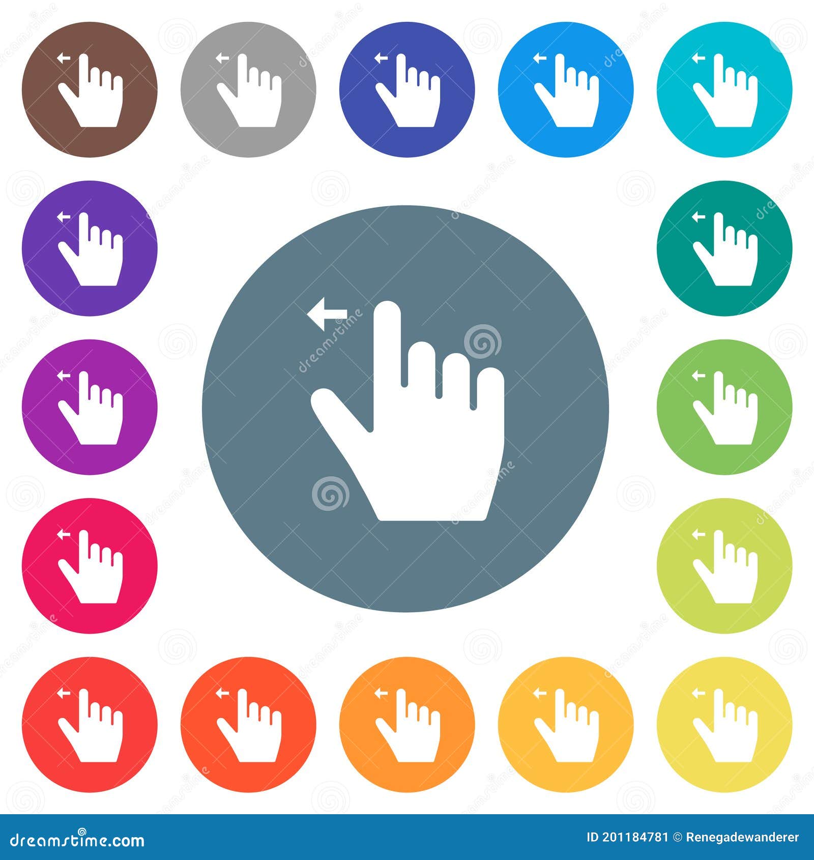 right handed move left gesture flat white icons on round color backgrounds