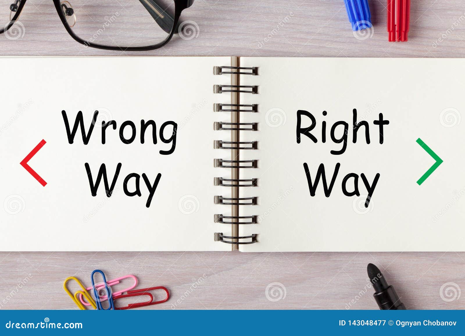 https://thumbs.dreamstime.com/z/right-wrong-way-words-written-open-spiral-notebook-various-stationery-business-concept-right-wrong-way-143048477.jpg