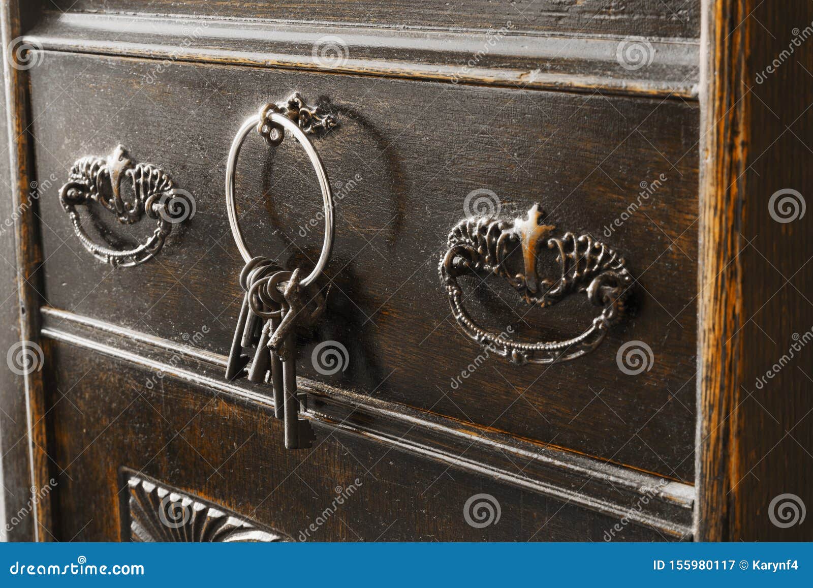 A Ring Of Antique Keys Fits Into A Lock Of An Old Fashioned Drawer
